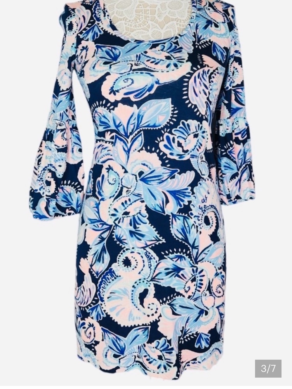 Lilly Pulitzer Shift Dress 3/4 Length Sleeve 100% Pima Cotton Swoop Neck M